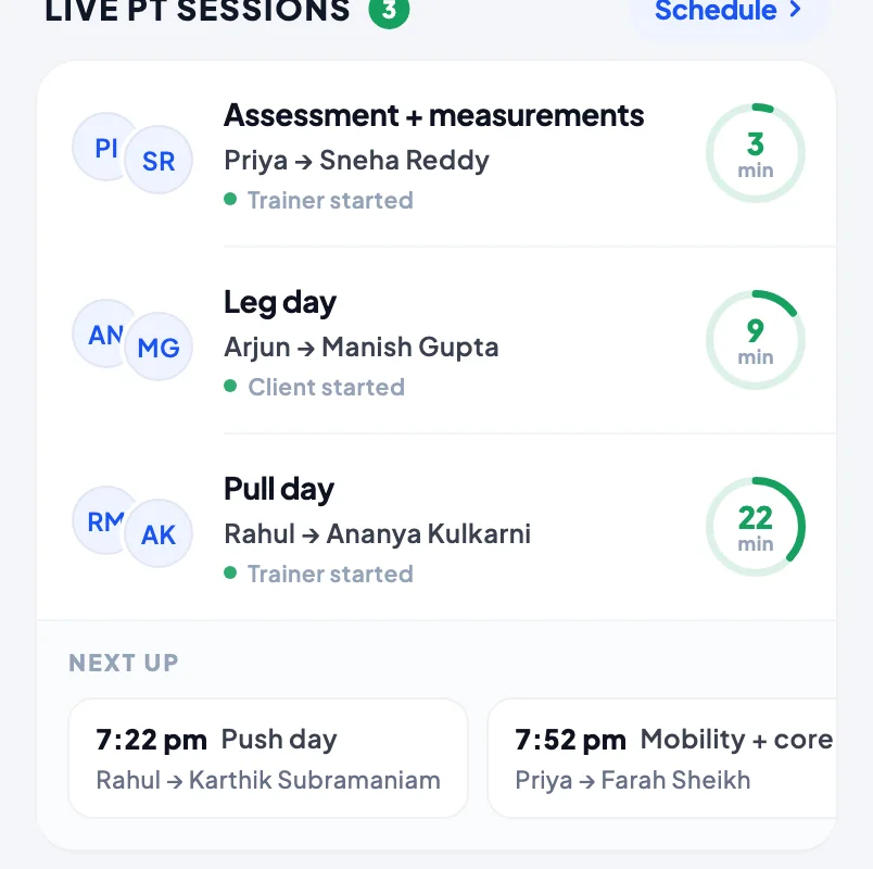 Live PT sessions with minutes elapsed