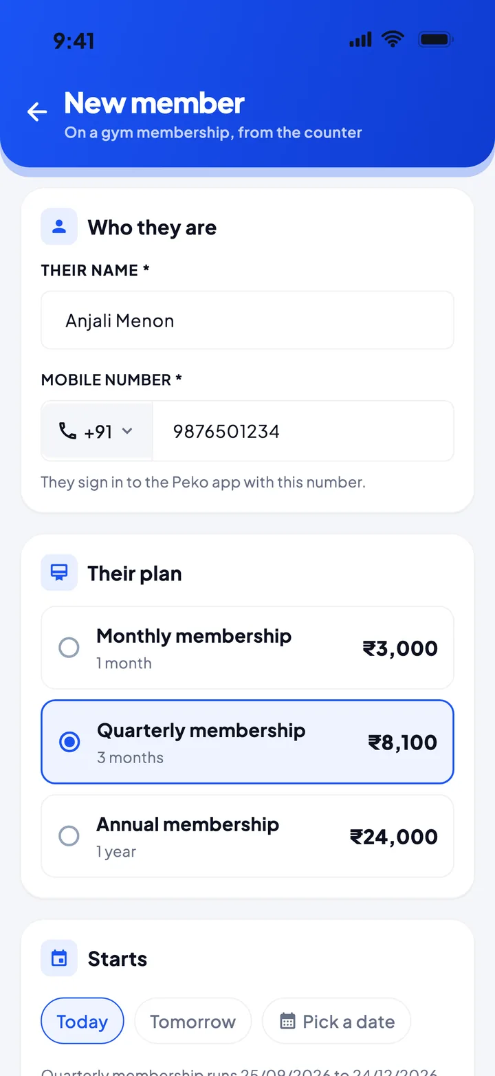 Peko New client form with plan choices and prices