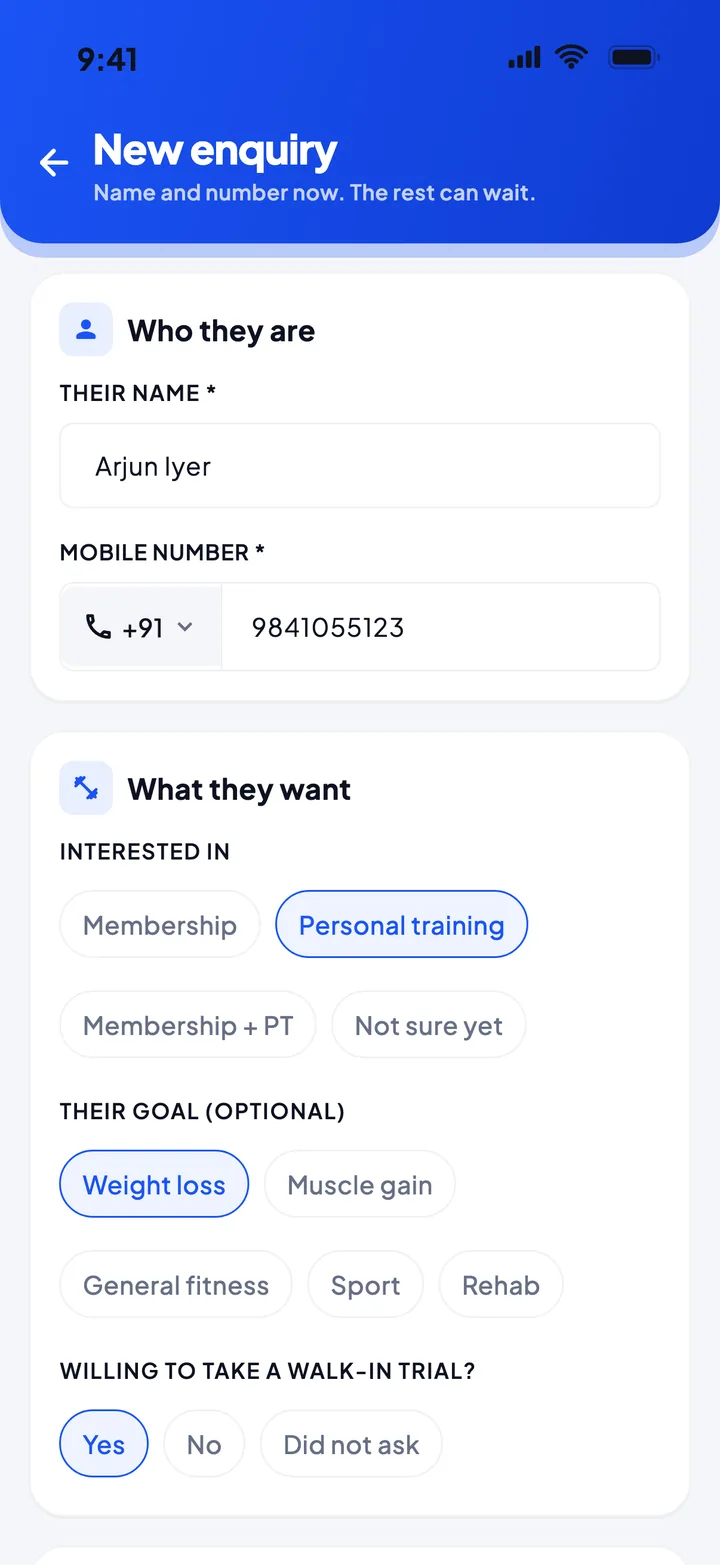 Peko New enquiry form with walk-in trial and goal