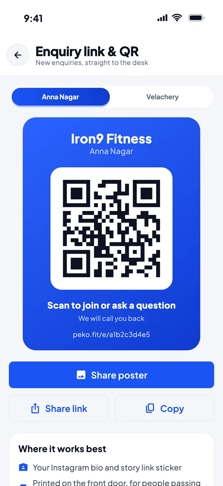 Peko Enquiry link and QR poster for Iron9 Fitness, Anna Nagar