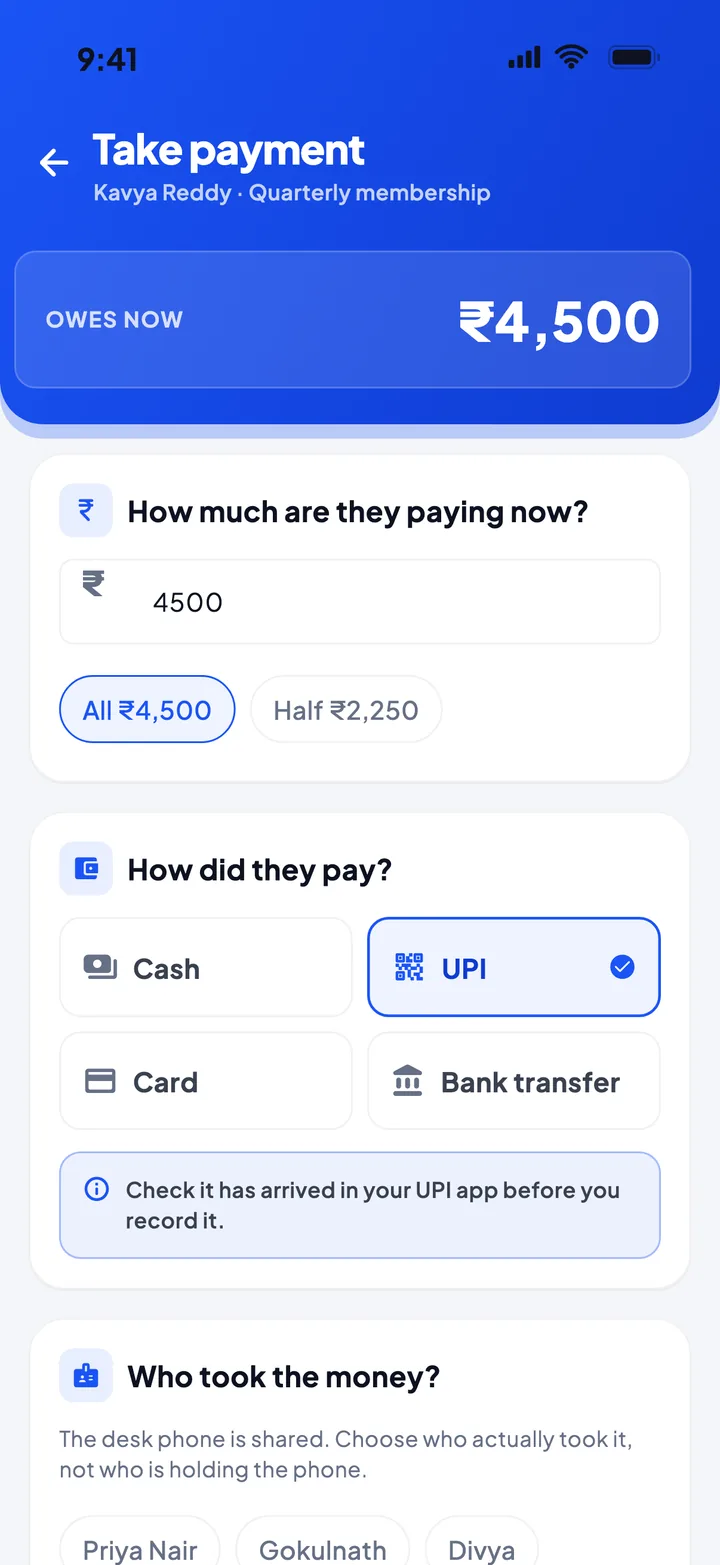 Peko the front desk — Take payment: Cash, UPI, card, bank