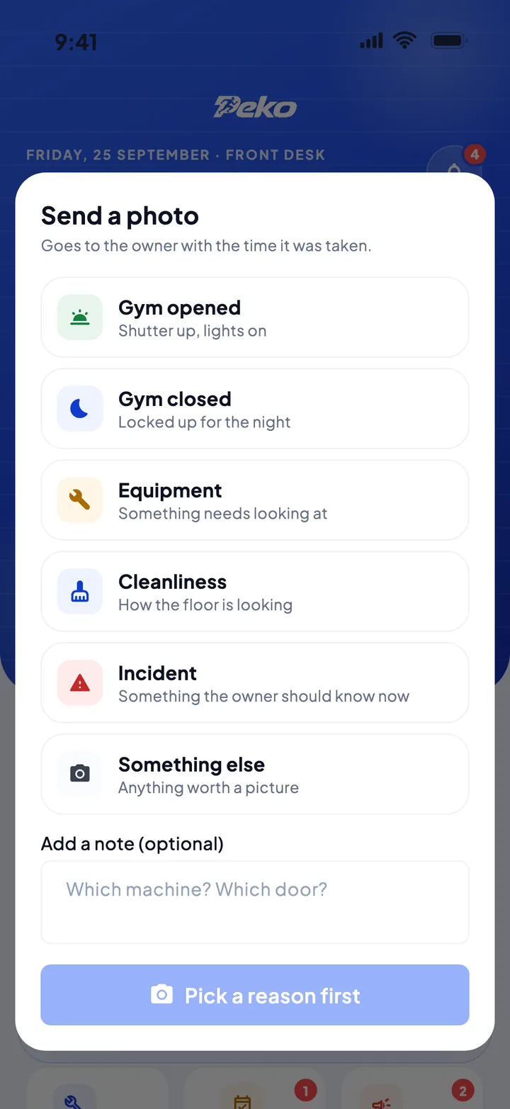 Send a photo: Gym opened, Gym closed, Equipment, Cleanliness, Incident