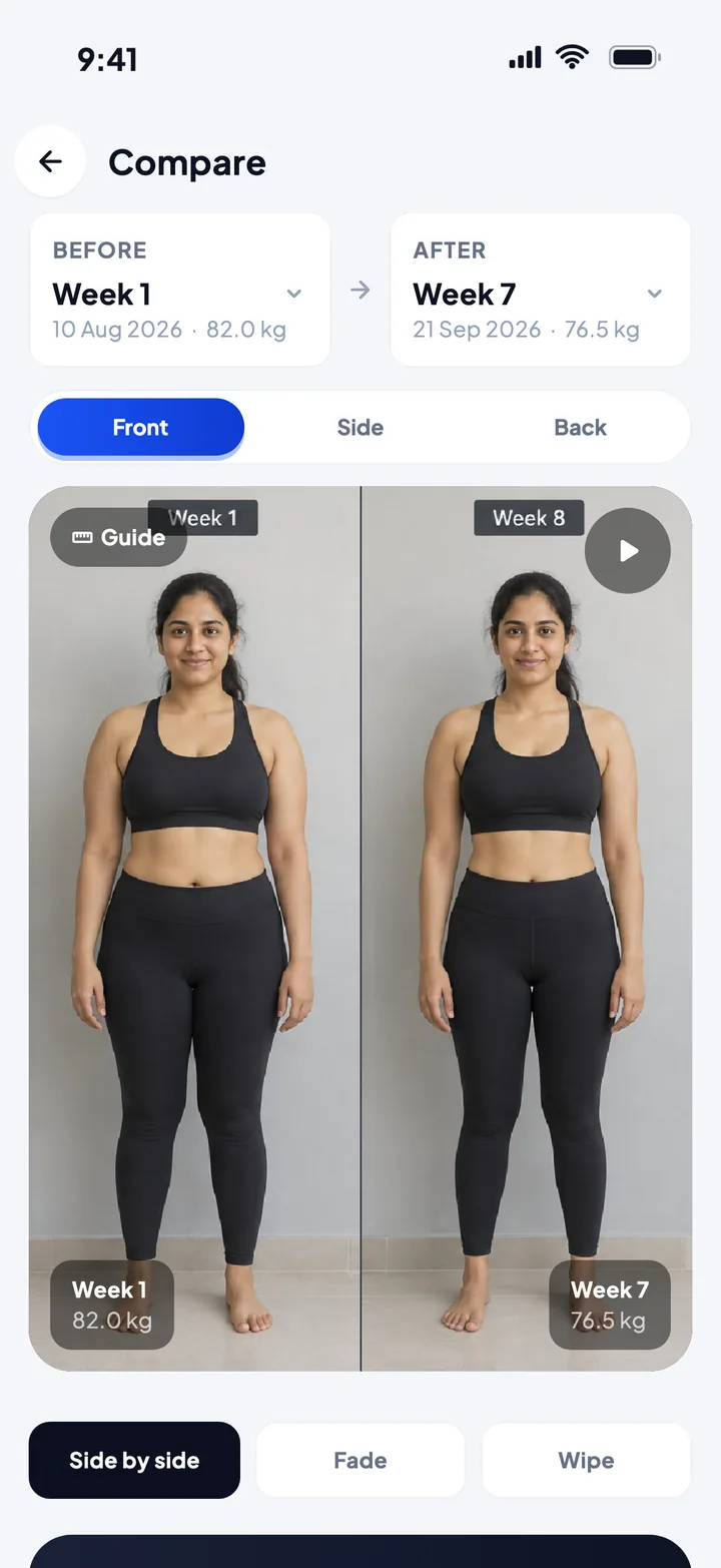 Progress photos: week 1 at 82 kg, week 7 at 76.5 kg
