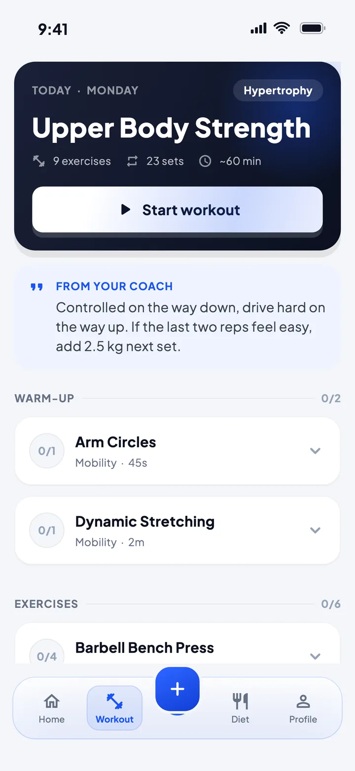 Upper Body Strength: 9 exercises, 23 sets, about 60 minutes