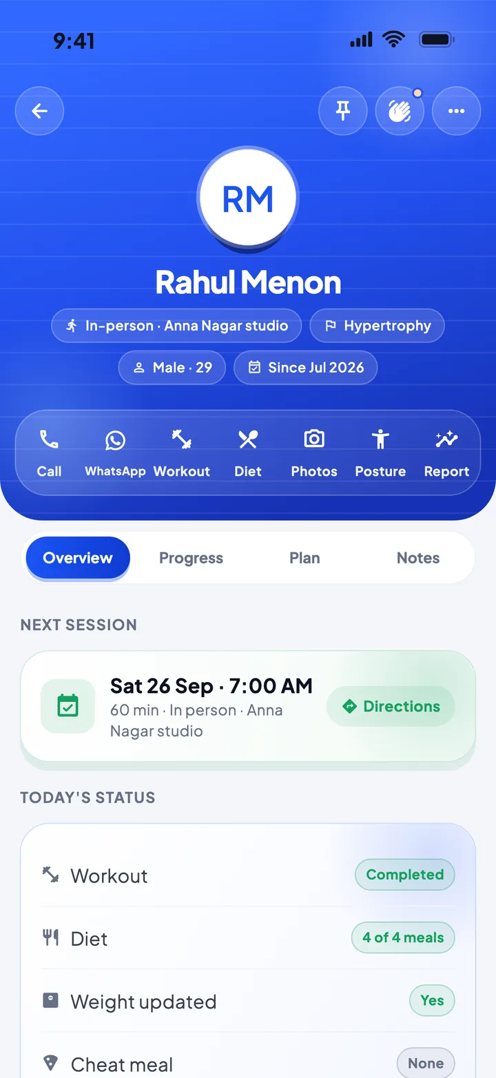 Peko client profile for Rahul Menon: next session, today's status, plan and payment