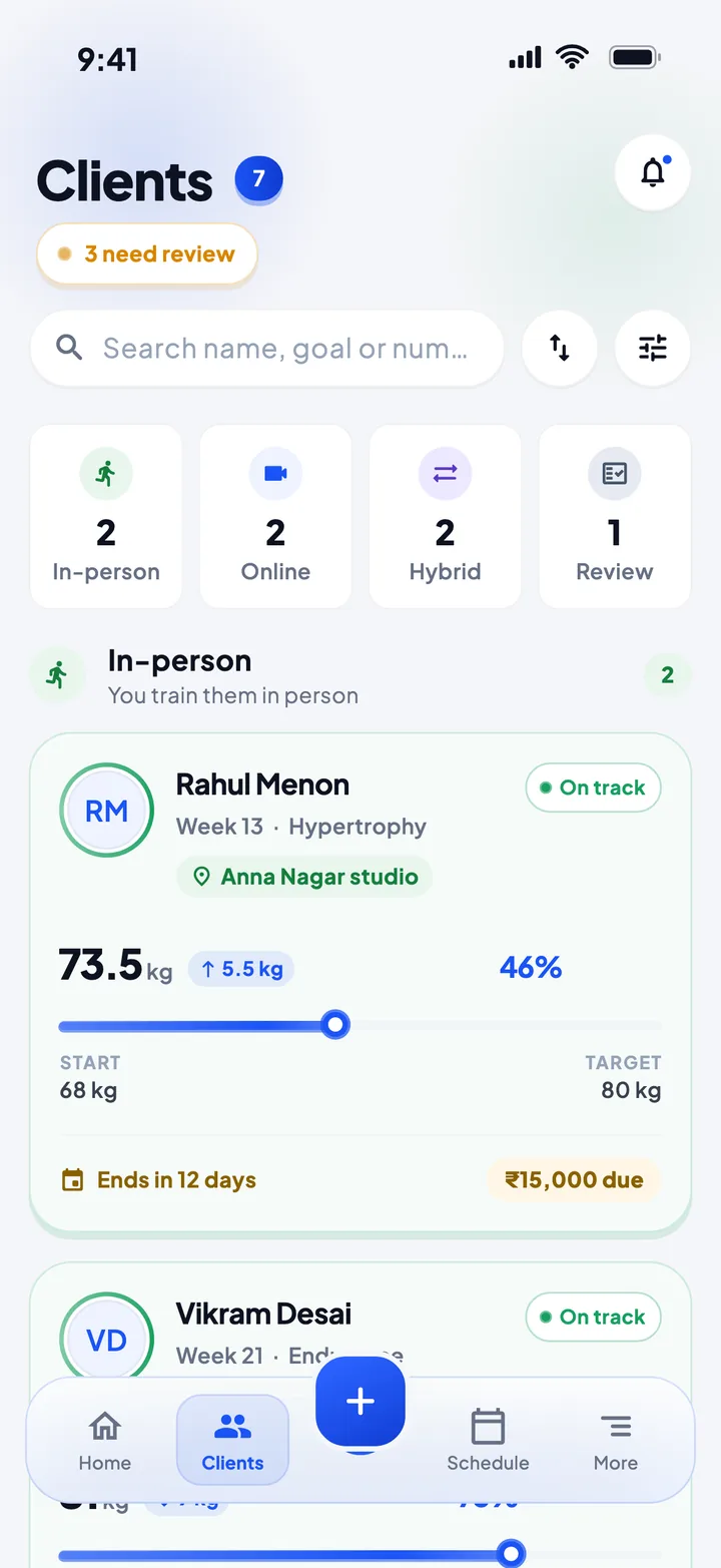 Peko Clients: 2 in-person, 2 online, 2 hybrid, 1 needs review