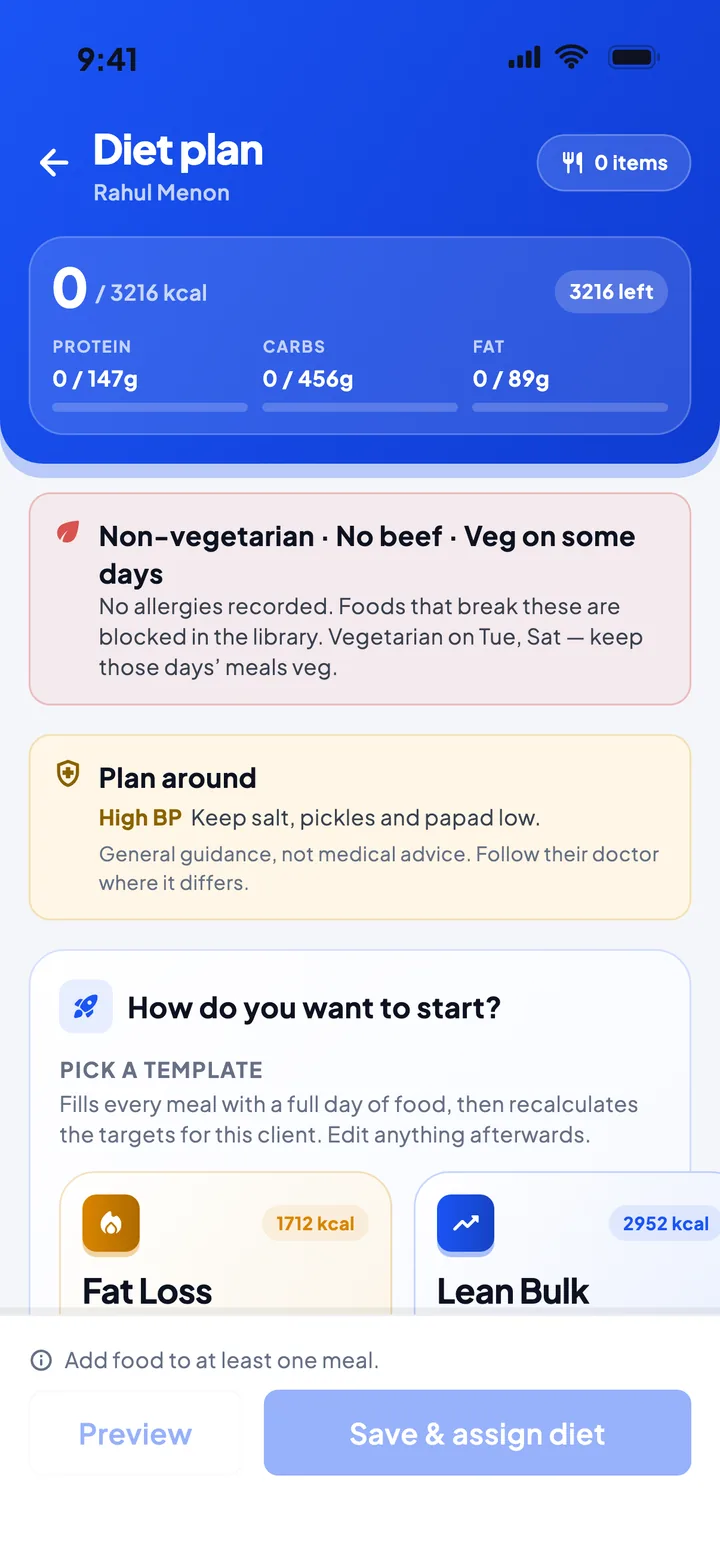 Peko diet plan builder: 3,216 kcal target, non-vegetarian with veg days, plan around high BP