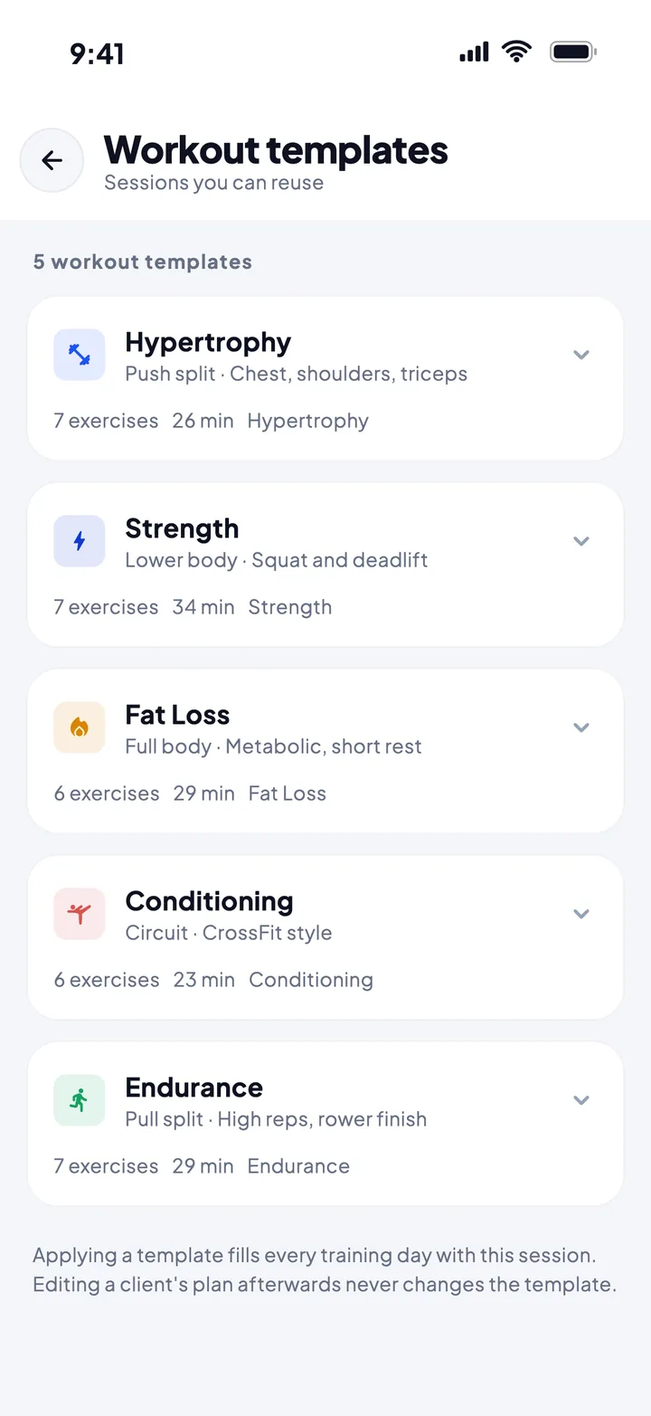 Workout templates: Hypertrophy, Strength, Fat Loss, Conditioning, Endurance